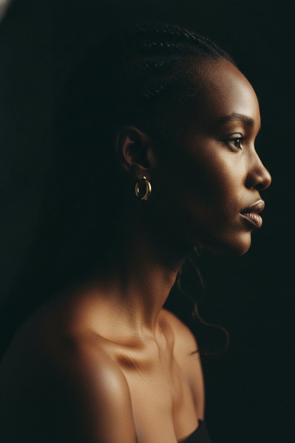 Sculptural profile crop of a woman from jaw to collarbone in warm directional light. Illustrative image — not a patient.