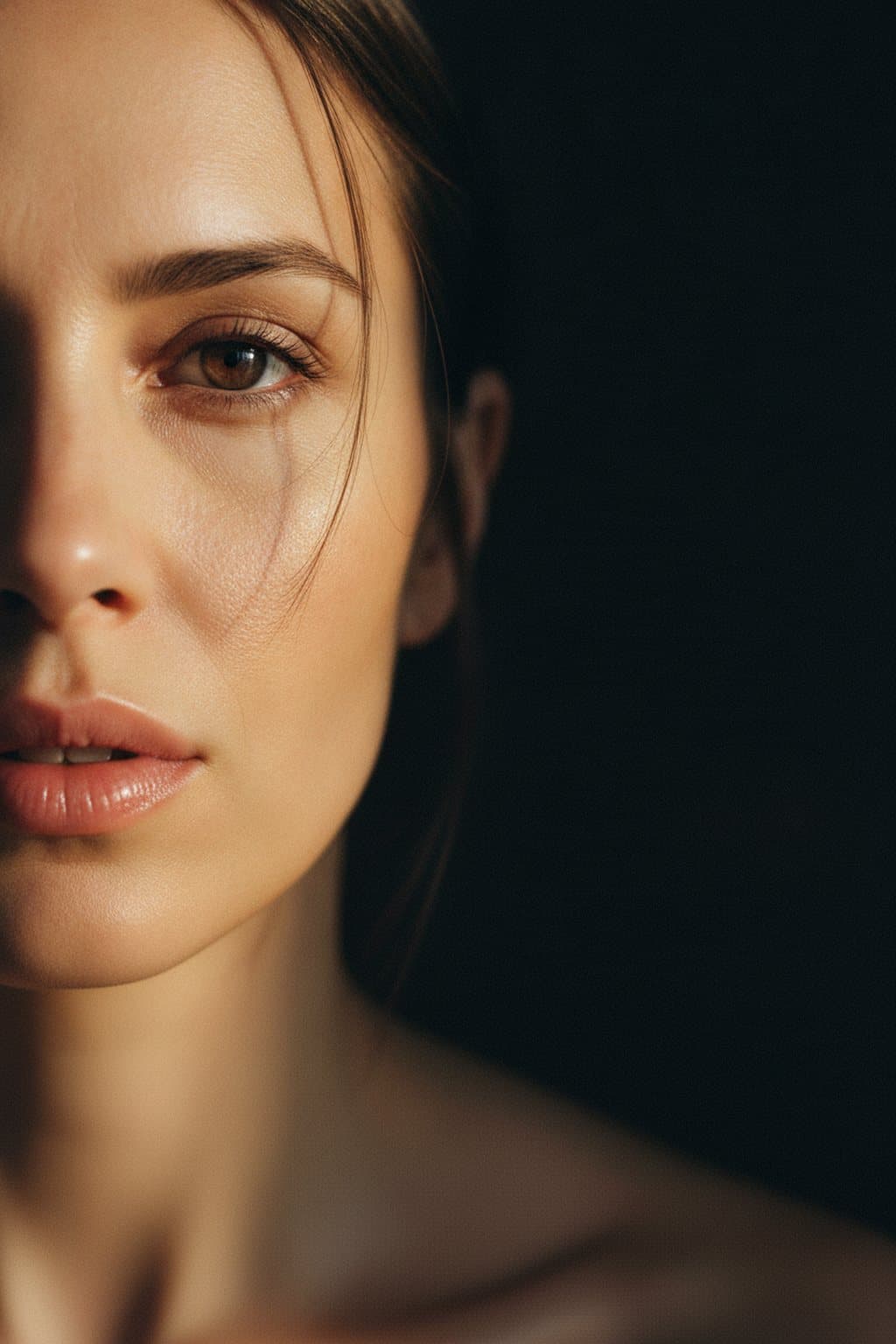 Macro crop from nose to chin, natural lips, warm light. Illustrative image — not a patient.