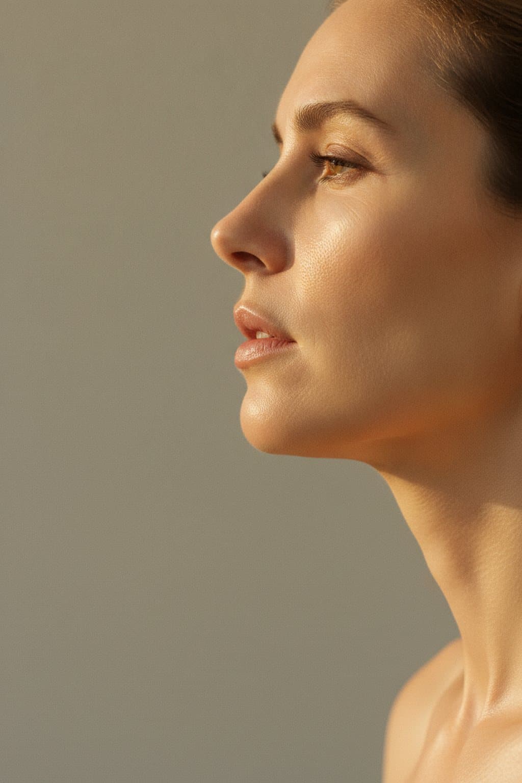 Profile study, chin lifted, warm light along the jawline. Illustrative image — not a patient.