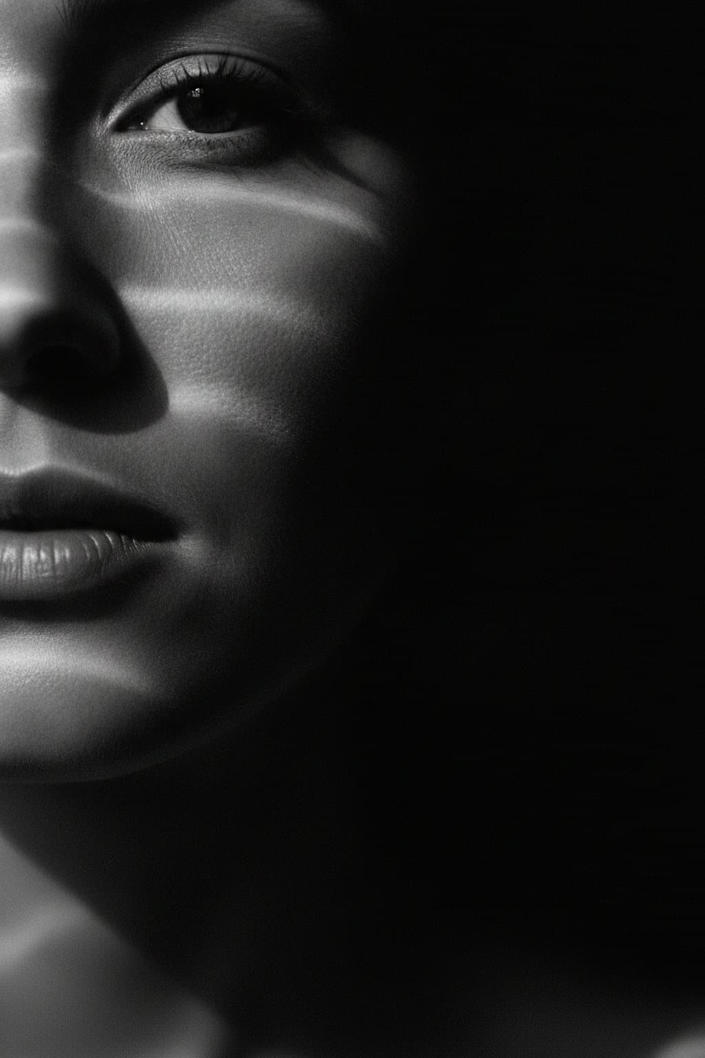 Black-and-white macro of luminous skin in raking light. Illustrative image — not a patient.