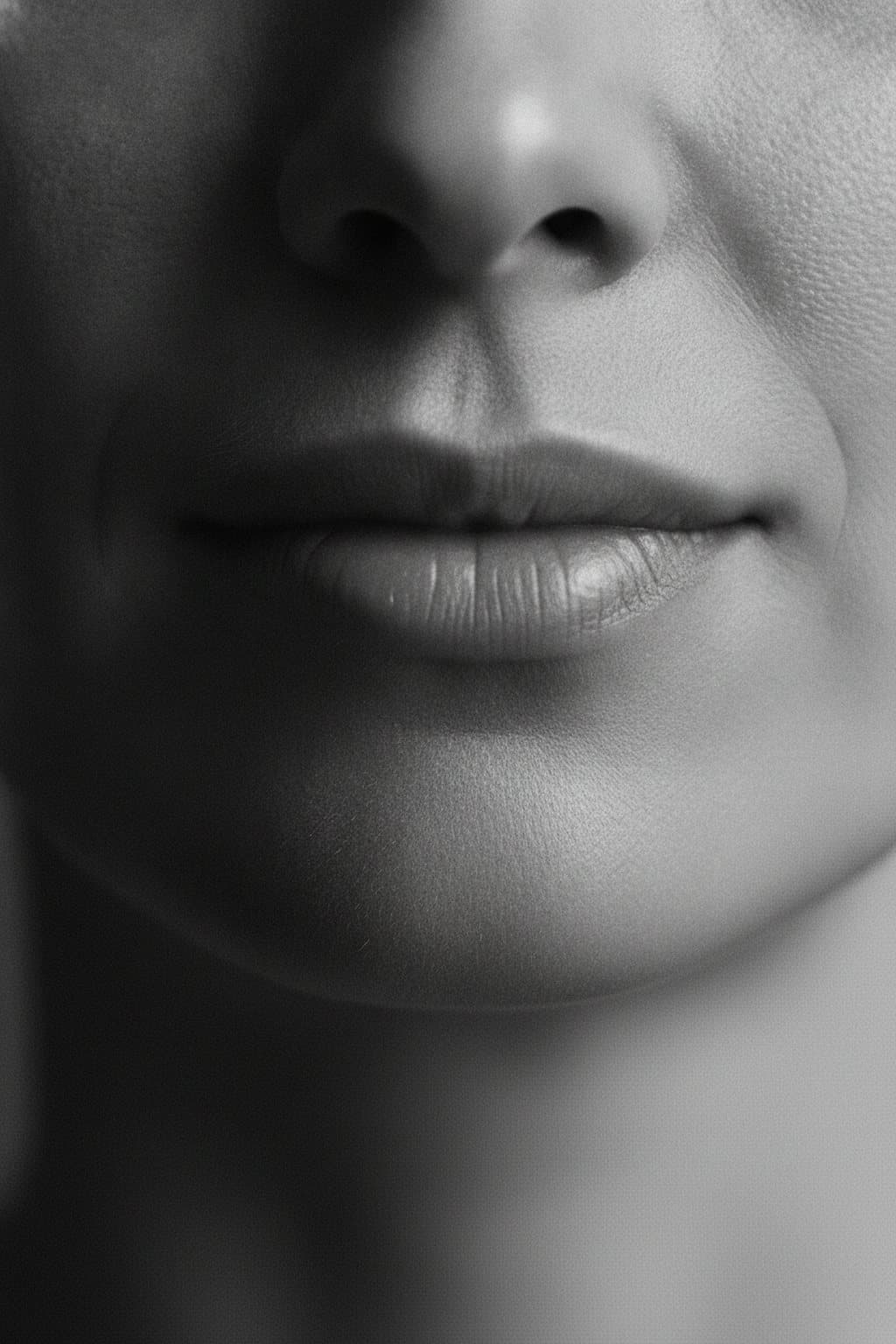 Black-and-white macro of natural lips in an almost-smile. Illustrative image — not a patient.