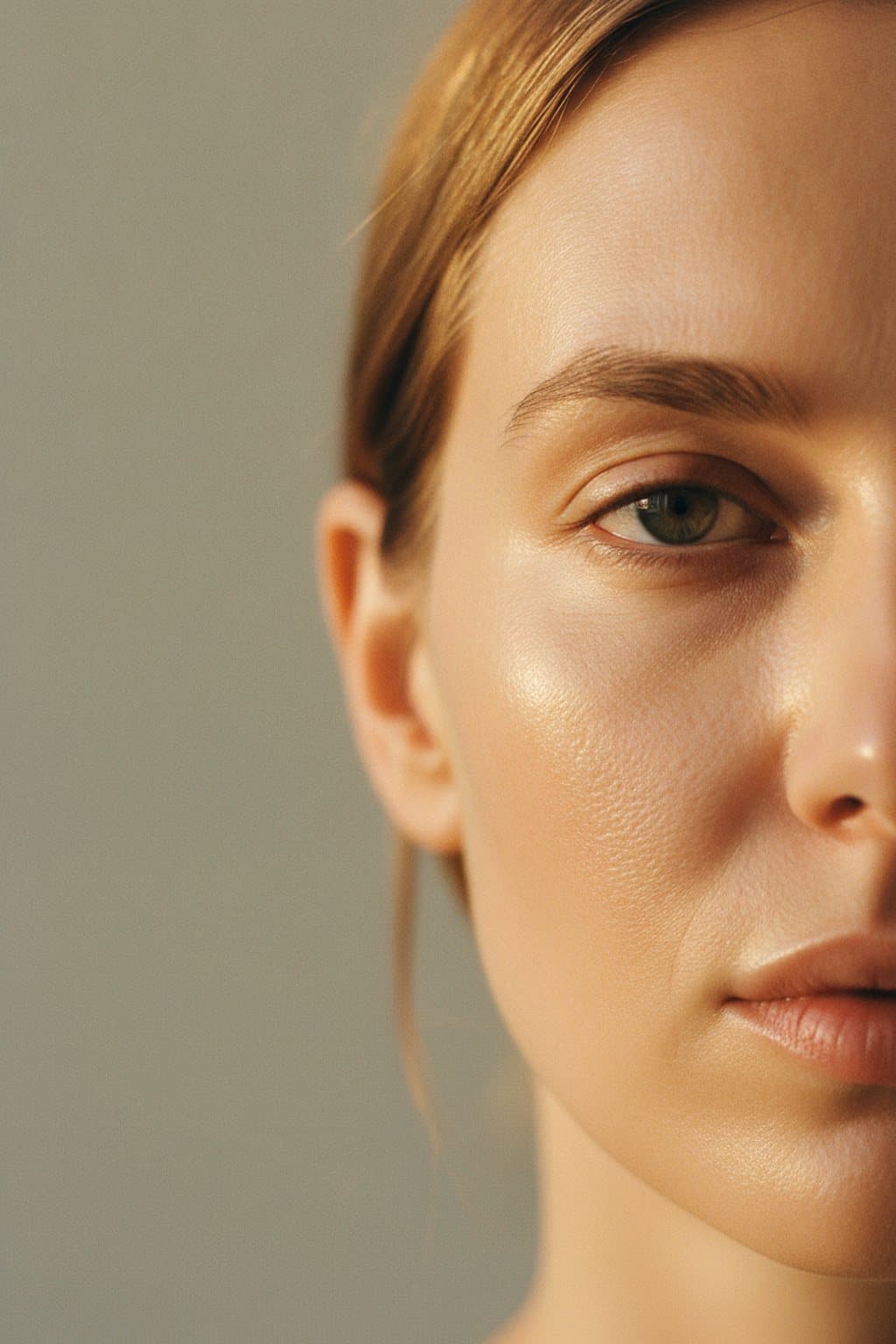 Extreme macro of luminous skin, fine texture visible. Illustrative image — not a patient.
