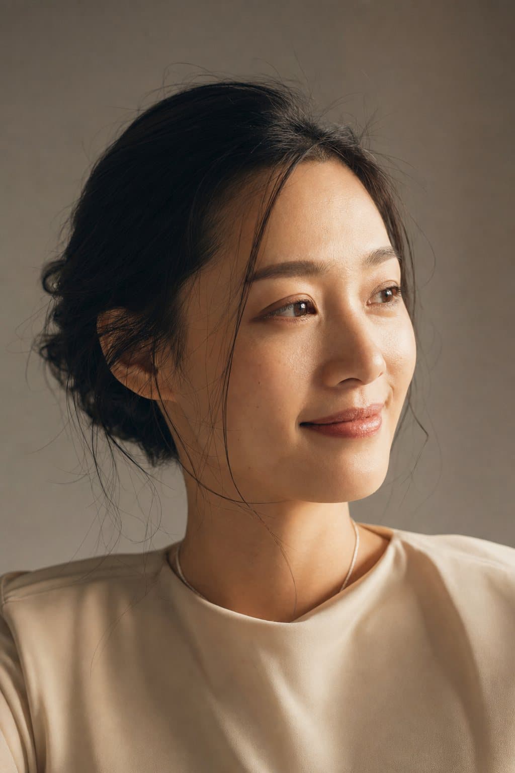 Soft three-quarter portrait, luminous and poised. Illustrative image — not a patient.