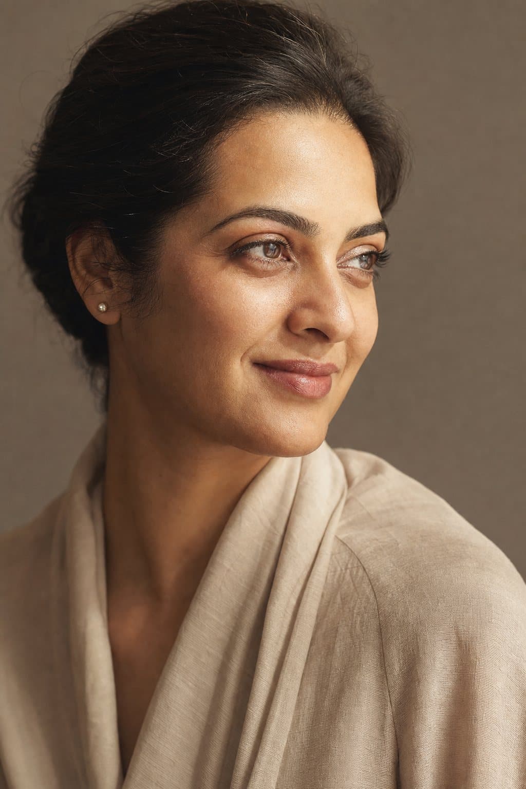 Glowing portrait, soft genuine smile, polished ease. Illustrative image — not a patient.